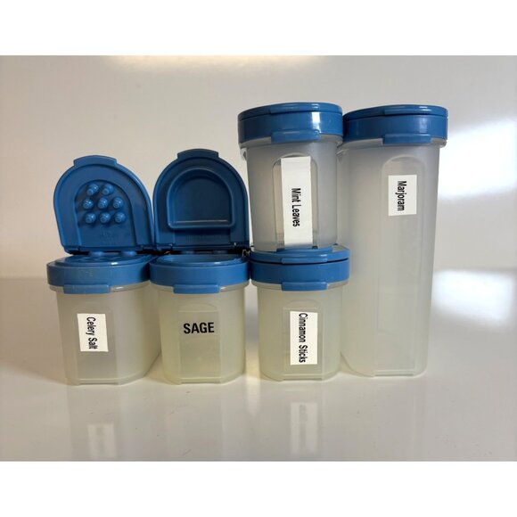 Tupperware Modular Mates Oval Spice Containers Blue Lids Set Of 5 Vintage - Picture 1 of 8